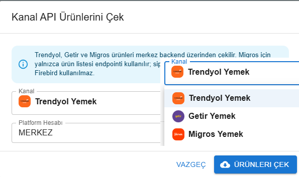 Kanal API ürünlerini çek