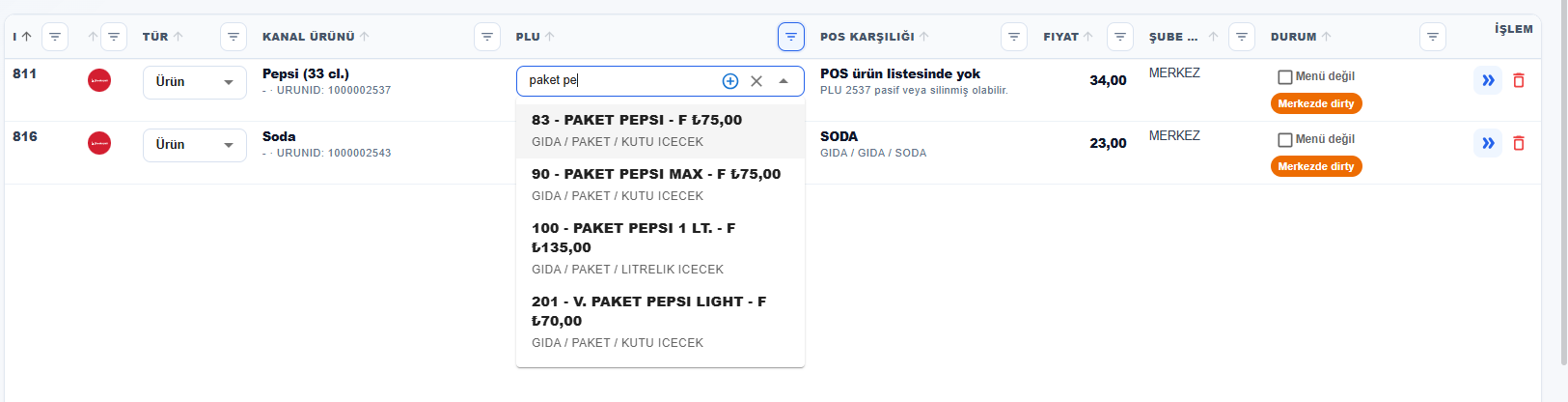 PLU listeden seçme